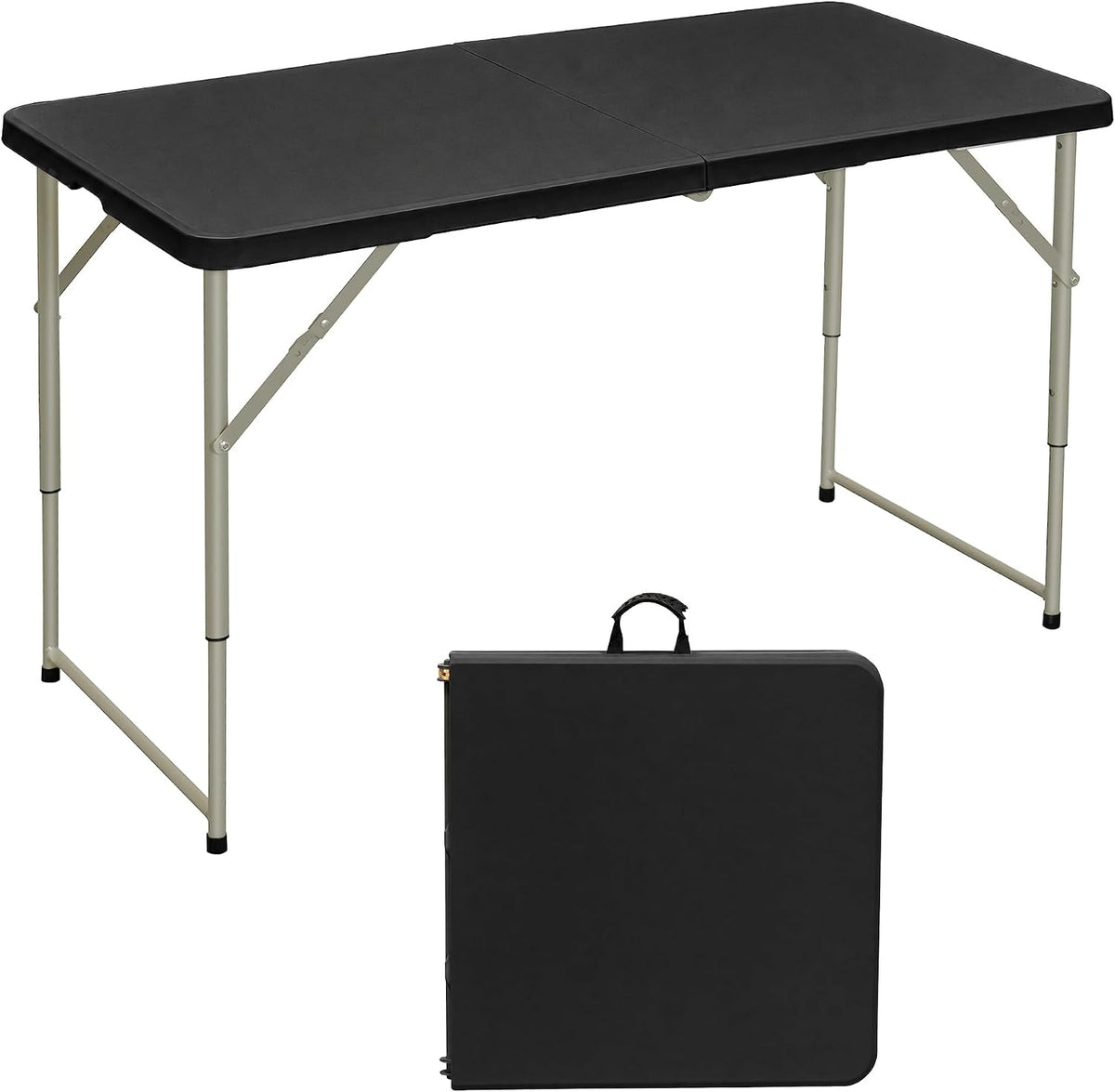 VECELO Folding Table 4 Ft, 3 Adjustable Height, Portable w/Handle, Black | Fold-in-Half, Heavy Duty, Space Saving, Plastic Utility Table, for Camping, Party, Dining, Indoor & Outdoor Use