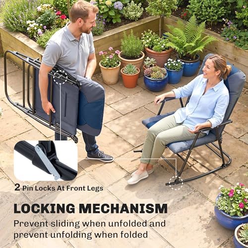 Outsunny Oversized Folding Rocking Camping Chair Set of 2 Padded Navy Blue | Outdoor Rockers, High Back and Armrests, Portable Outdoor Patio Chairs, Steel Frame, Garden Porch Lawn