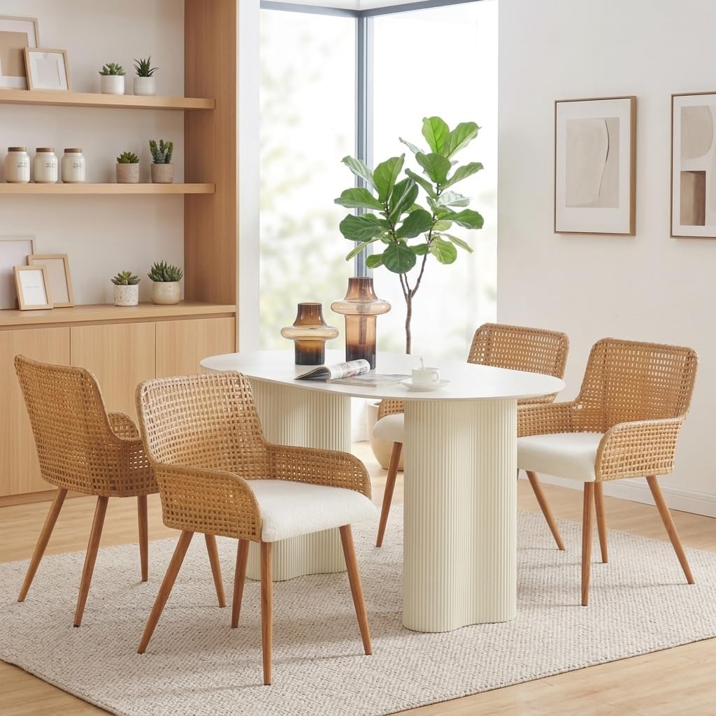 Rattan Dining Chairs Set of 4,Farmhouse PE Rattan Kitchen Chair with Upholstered Cushion and Metal Legs for Home,Kitchen,Brown