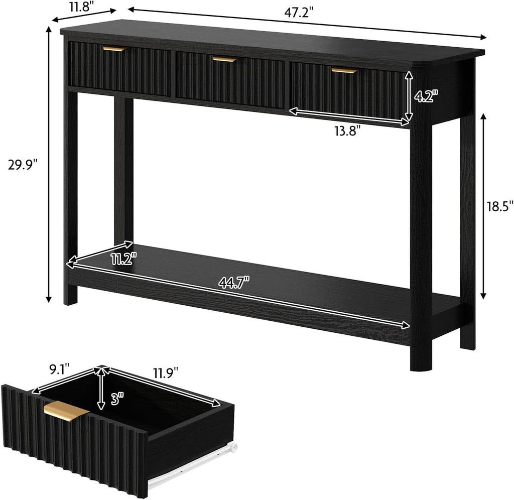 HOKYHOKY Fluted Console Table with Drawers, Modern 47.1" Entryway Table with Storage Shelf, Boho Narrow Skinny Behind Couch Wood Sofa Table for Living Room Hallway Entrance Foyer, Black