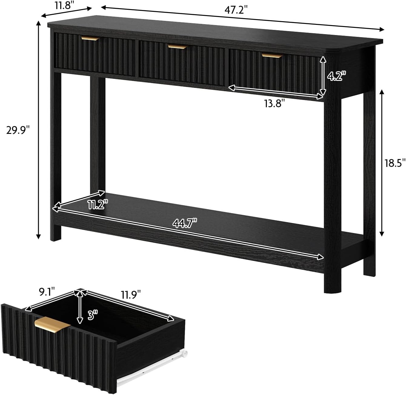 HOKYHOKY Fluted Console Table with Drawers, Modern 47.1" Entryway Table with Storage Shelf, Boho Narrow Skinny Behind Couch Wood Sofa Table for Living Room Hallway Entrance Foyer, Black