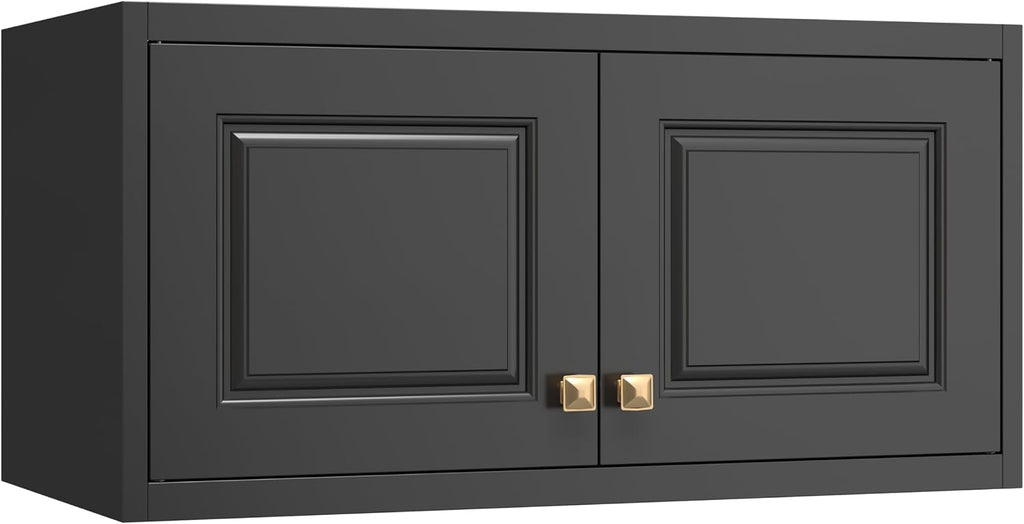 32" Wall Storage Cabinet with 2 Doors & Gold Handle | Black Metal, Hanging Design, for Bathroom, Kitchen, Rust-Resistant, Anti-Tip, Easy Assembly, Hardware Included