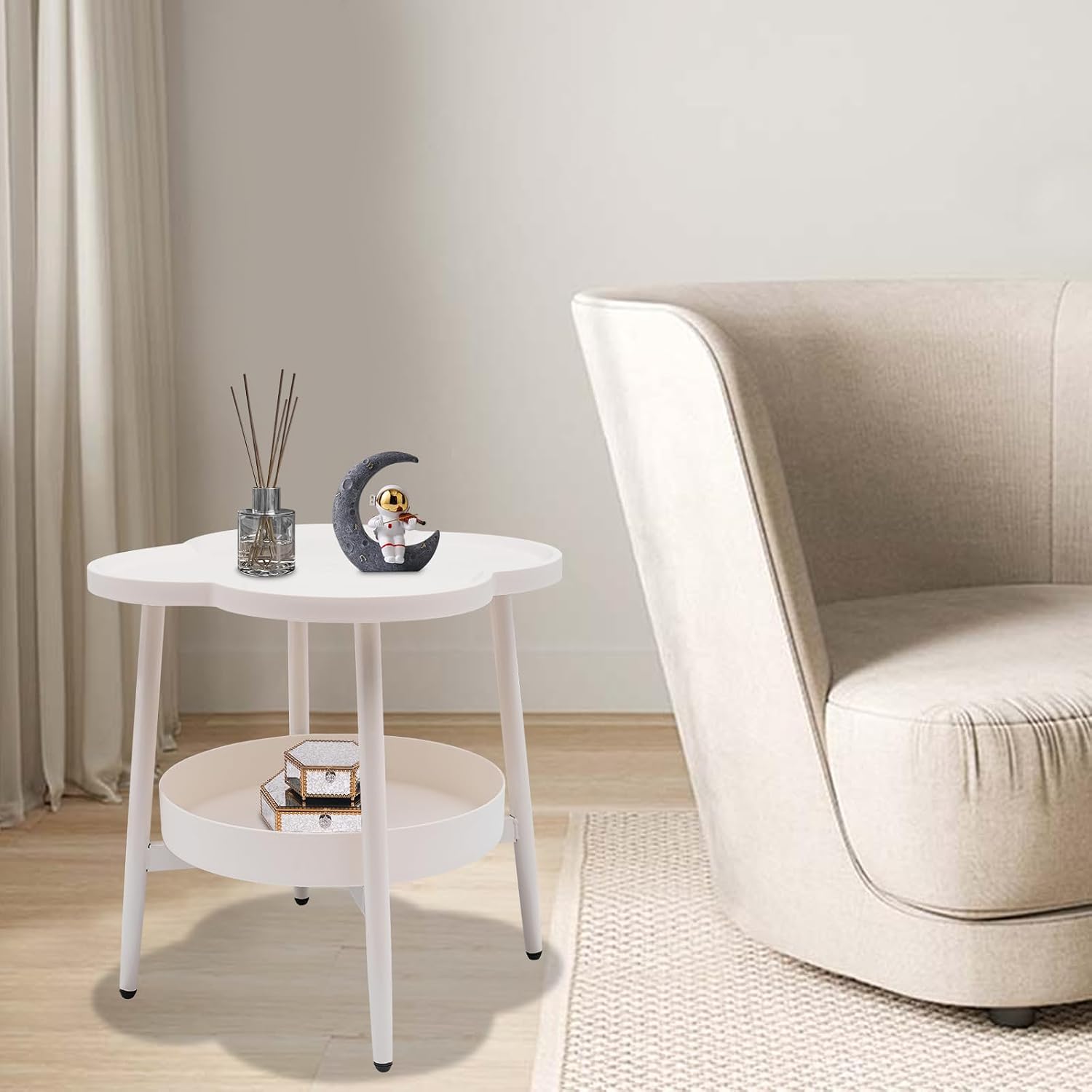 End Table Sofa & Console Flower Shape Snack Side Table with Stand Modern Decorative Side Coffee Table with Load-Bearing 110lbs for Home Bedroom Living Room Kitchen (White)