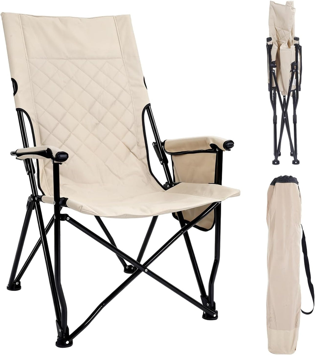 Folding Camping Chair, High Back Padded Portable Camp Chair with Storage Bag, 600D Oxford Fabric Comfortable Chair for Outdoor Camping, Beach, Fishing (Beige)