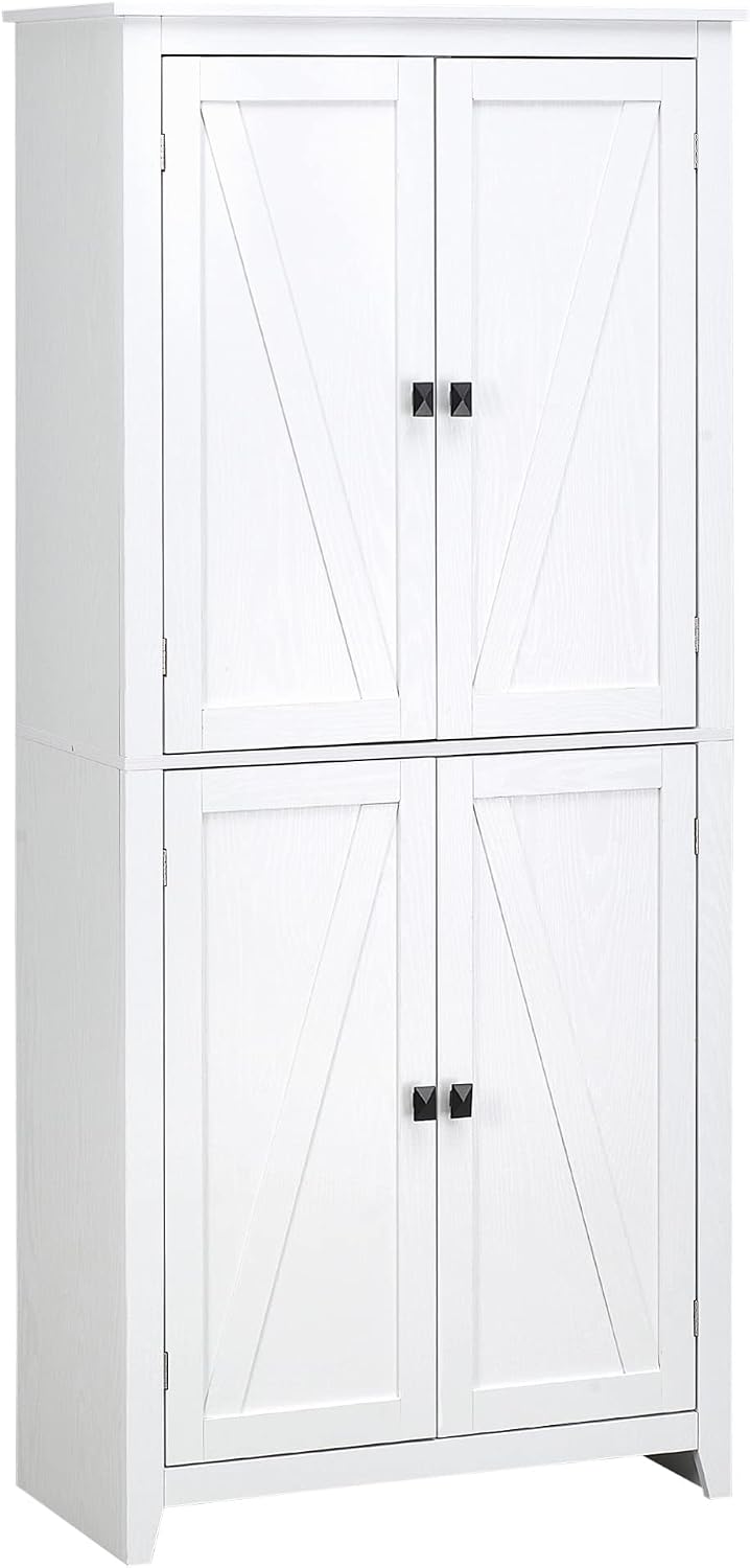 72" Freestanding Four-Door Kitchen Pantry, Storage Cabinet Organizer with Four Tiers and Adjustable Shelves, Ideal for Organized Kitchen Storage