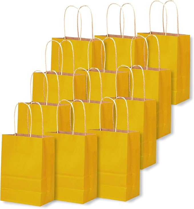 qiqee 24 Pcs Bright Yellow Mini Paper Gift Bags with Handles 6"x4.5"x2.5" Small Brown Kraft Party Favor Bags Multiple Uses (Mini size)
