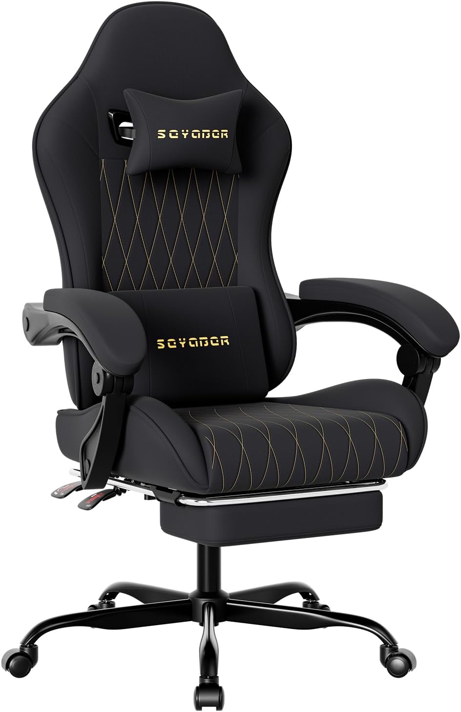 Breathable Fabric Gaming Chair with Footrest, Ergonomic High Back Computer Chair with Gold Diamond Stitching, Height Adjustable Swivel Office Chair with Lumbar Support for Adults,Black
