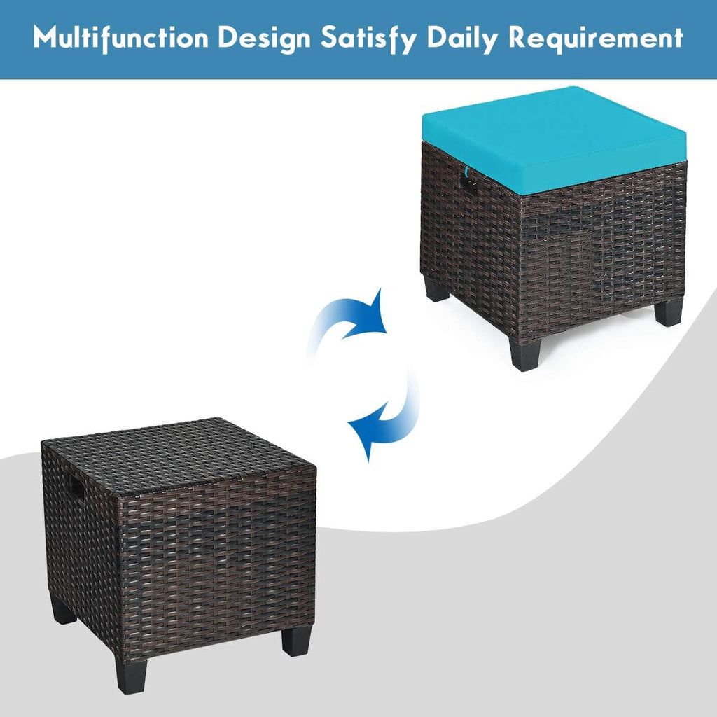 2PCS Patio Outdoor Ottomans, Rattan Wicker Ottoman Seat w/Removable Cushions, Rattan Footstool Footrest Seat, Patio Wicker Furniture Small Chair for Home,Patio, Garden, Backyard (Turquoise)