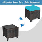 2PCS Patio Outdoor Ottomans, Rattan Wicker Ottoman Seat w/Removable Cushions, Rattan Footstool Footrest Seat, Patio Wicker Furniture Small Chair for Home,Patio, Garden, Backyard (Turquoise)