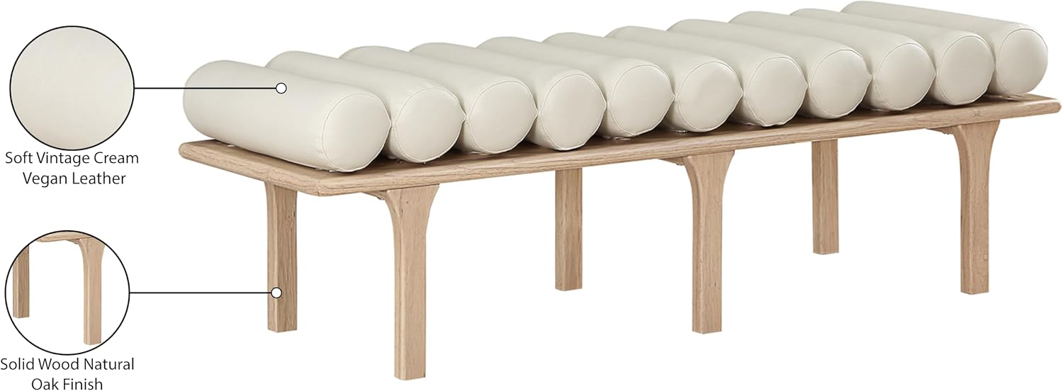Meridian Furniture 22007Cream Landon Collection Art Deco Bench with Soft Vintage Cream Vegan Leather and Solid Wood with Natural Oak Finish, 60.5" W x 19.5" D x 18.5" H, Cream