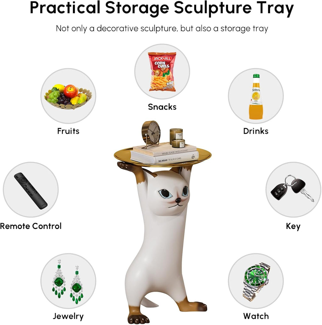 homary Cat Side Table with Gold Tray – Resin Animal Figurine End Table, Small Coffee Table for Sofa Side, Living Room, Bedroom, or Entryway Decor (Cat-A)
