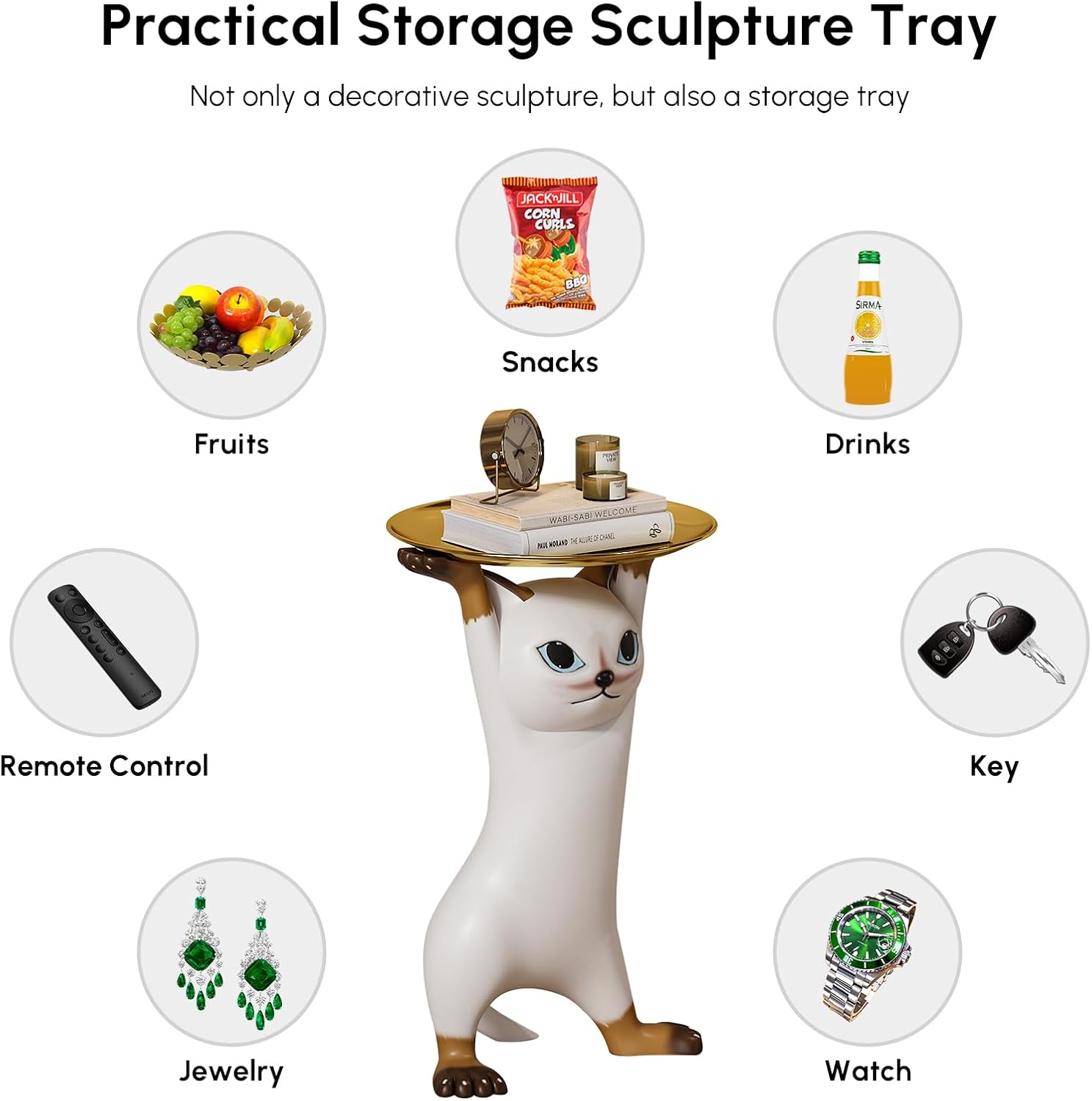 homary Cat Side Table with Gold Tray – Resin Animal Figurine End Table, Small Coffee Table for Sofa Side, Living Room, Bedroom, or Entryway Decor (Cat-A)