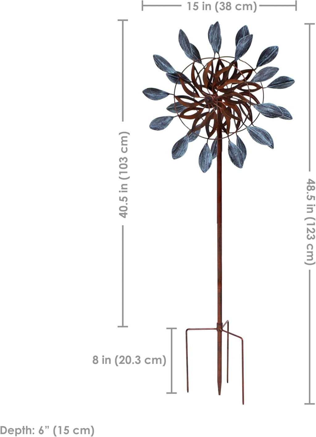 Sunnydaze Whirling Petals Metal Garden Wind Spinner - Spinner Outdoor Decor with 4-Point Step-in Stake - Dual-Wind Motion - 48" H