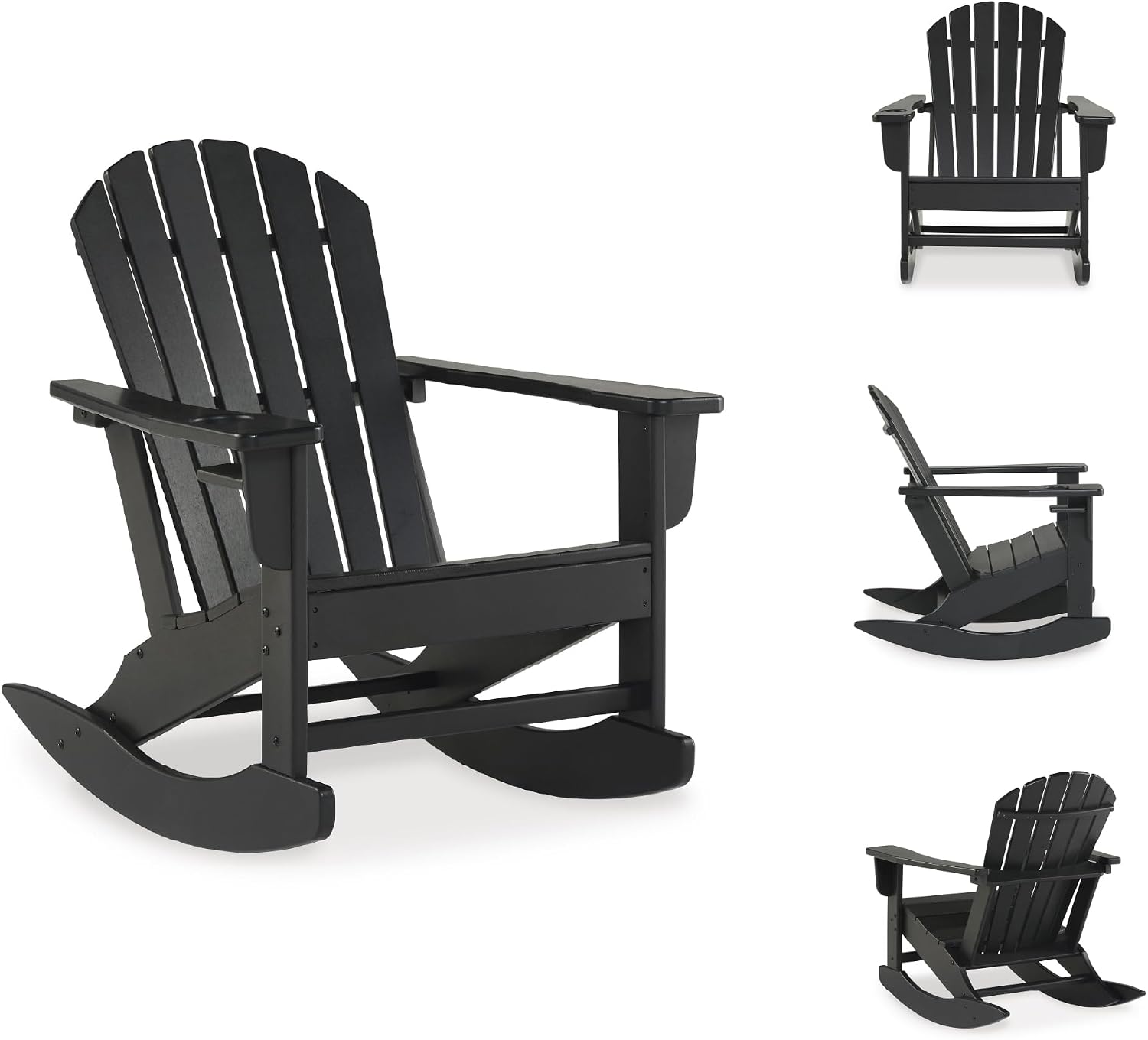 Signature Design by Ashley Sundown Treasure Outdoor Rocking Chair in Black, All-Weather Adirondack Patio Rocker, Durable Weather Resistant HDPE, 250 lb Capacity, 1 Built-In Cup Holder