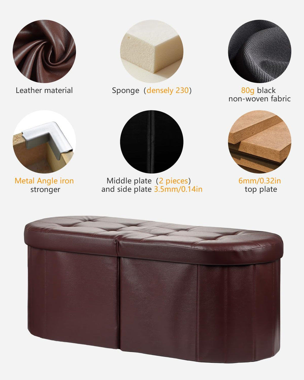 AmasSmile Storage Ottoman Bench, Foot Rest with Partitioned Storage in a Oval Design, Reinforced, End of Bed Storage Bench (Brown(Leather), 34"*13"*13"inch)