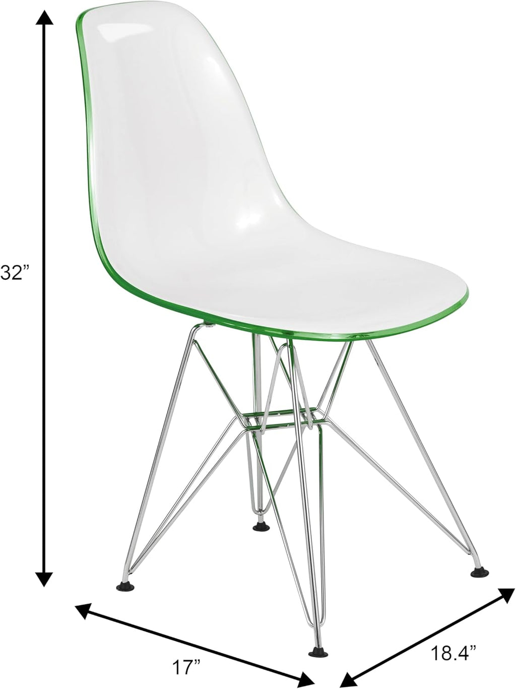 LeisureMod Cresco Acrylic Dining, Modern Chrome Eiffel Base and Curved Back Design, Ergonomic and Lightweight Accent Side Chair for Mid-Century Home, Kitchen, and Café (White Green, Singles)