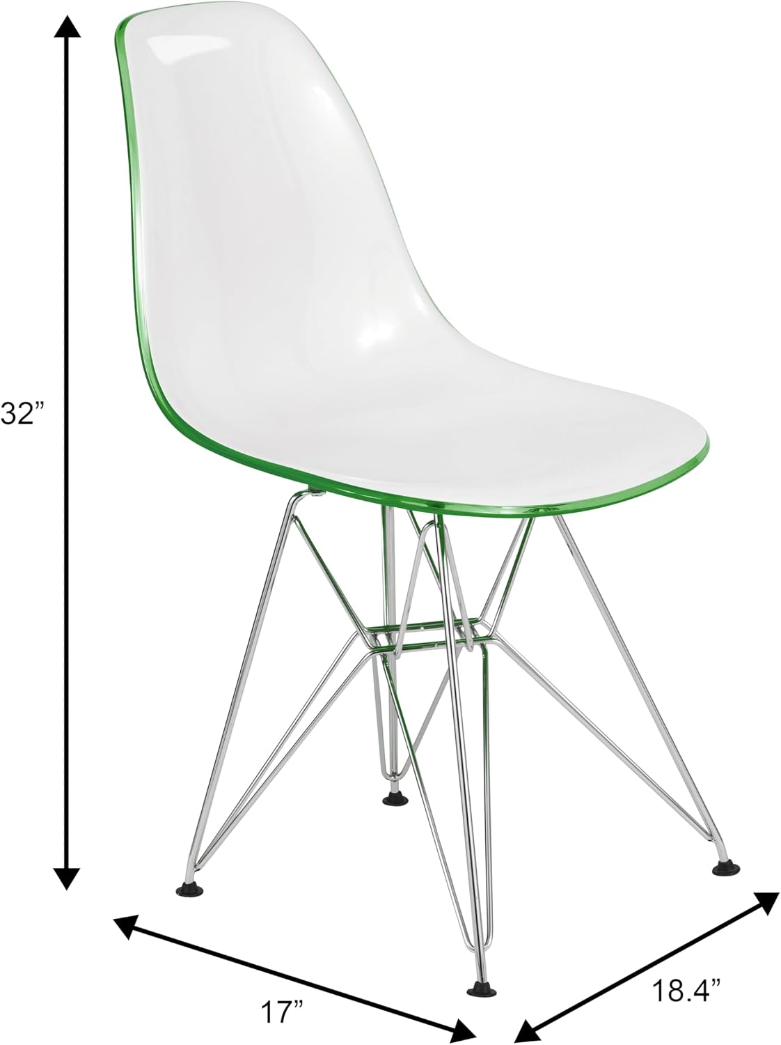 LeisureMod Cresco Acrylic Dining, Modern Chrome Eiffel Base and Curved Back Design, Ergonomic and Lightweight Accent Side Chair for Mid-Century Home, Kitchen, and Café (White Green, Singles)