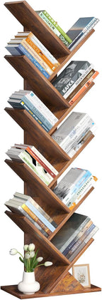 SHEEPAM 10 Tier Tree Book Shelf, Floor Standing Wood Bookshelf for Narrow Space, Storage Organizer Bookshelves for Books/CDs/Magazine, Bookcase with Shelves for Home Office, Living Room - Brown