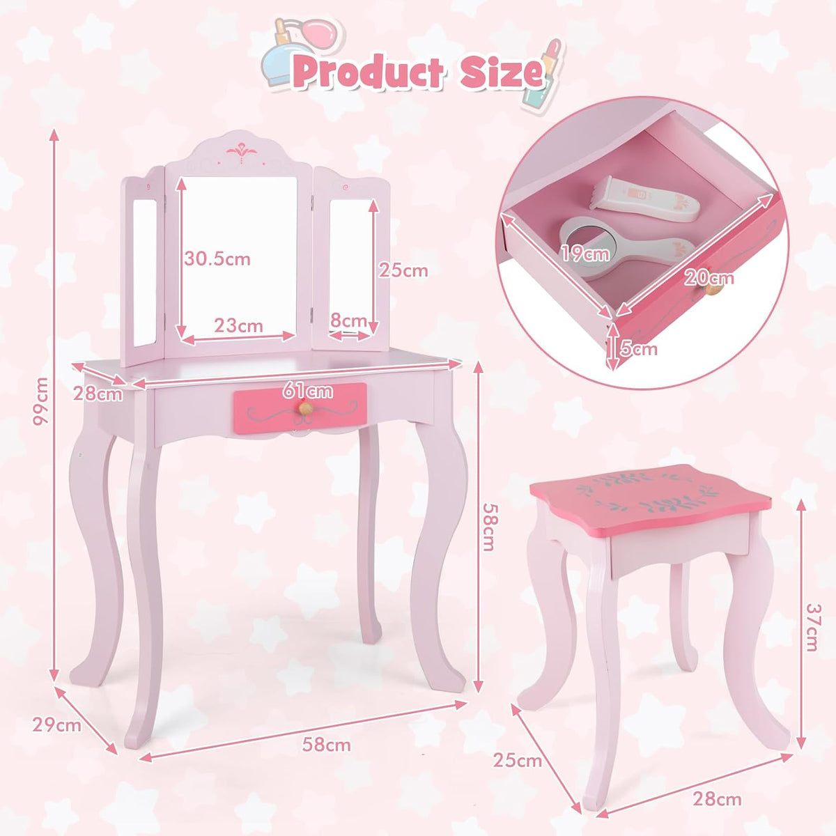 INFANS Kids Vanity, 2 in 1 Wooden Princess Makeup Table and Stool Set with Tri-Folding Detachable Mirror 10 Accessories, Toddler Pretend Beauty Dressing Play for Girls Aged 3+