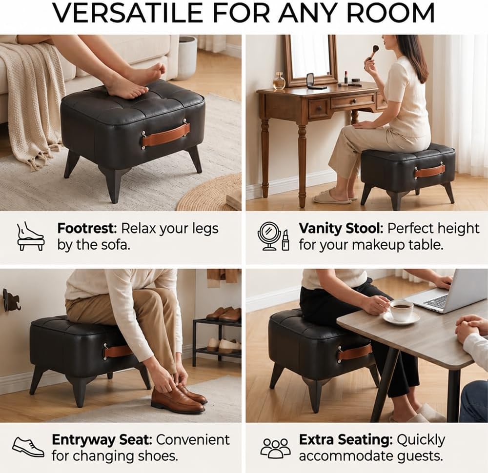Vintage Style Faux Leather Ottoman Footstool - Wooden Frame, Upholstered Interior, Multi-Use Footrest for Living Room, Entryway, Office (Black)