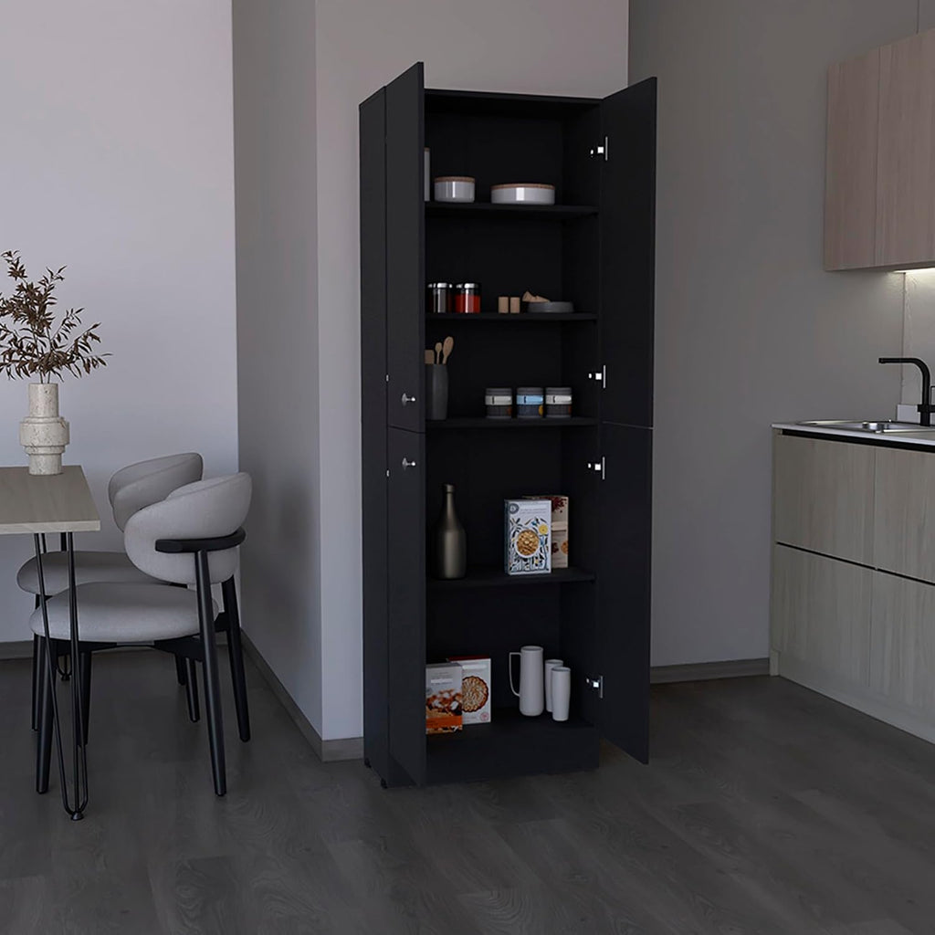 Kitchen Pantry 71" H, 4 Doors, 5 Adjustable Shelves, Laundry, Black