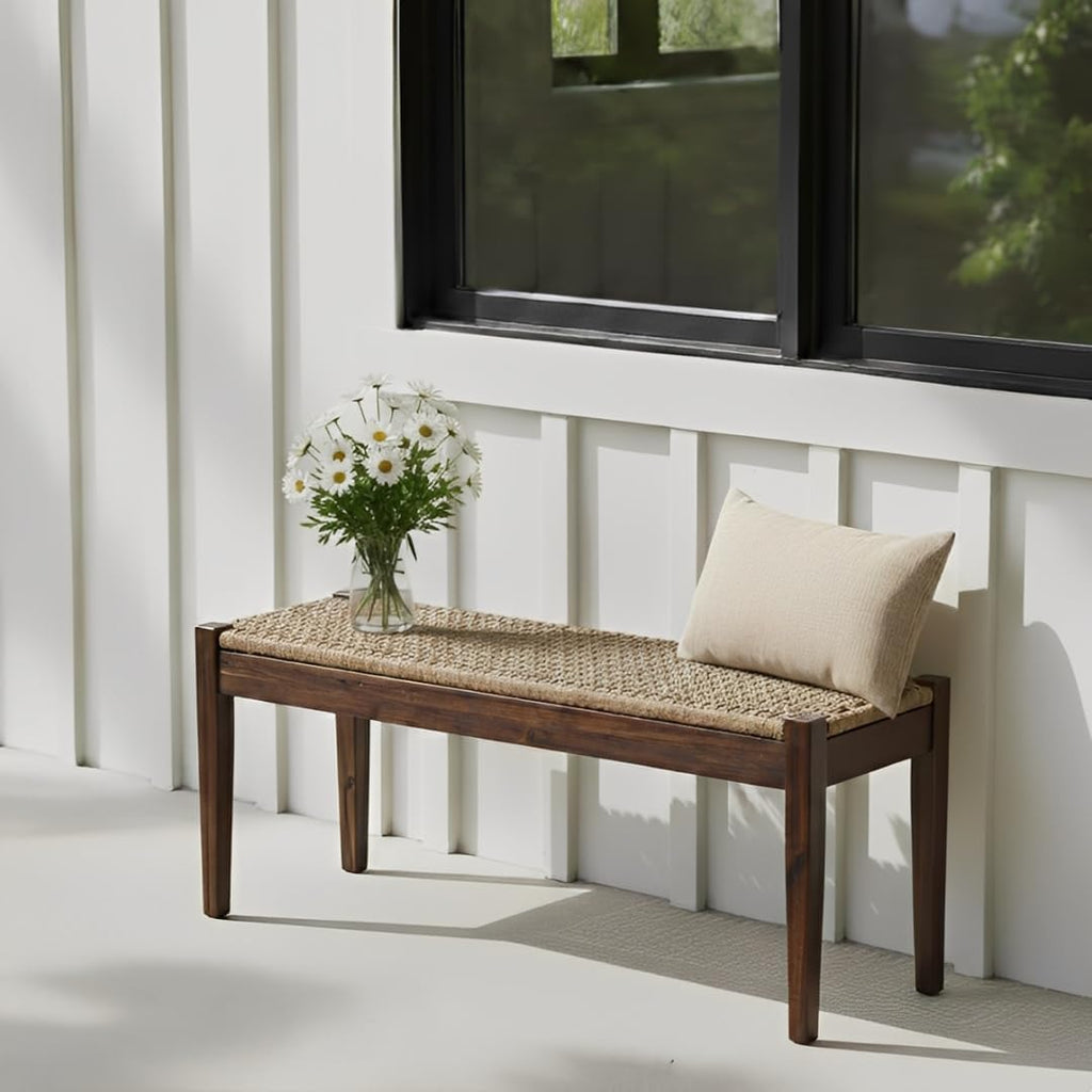 Vintage Entryway Bench, 45 inch Acacia Wood Bench with Woven Rope Seat, Wicker Bench Indoor for Hallway, End of Bed, Rustic Farmhouse Boho Style, Rope Dining Bench (Dark Brown)