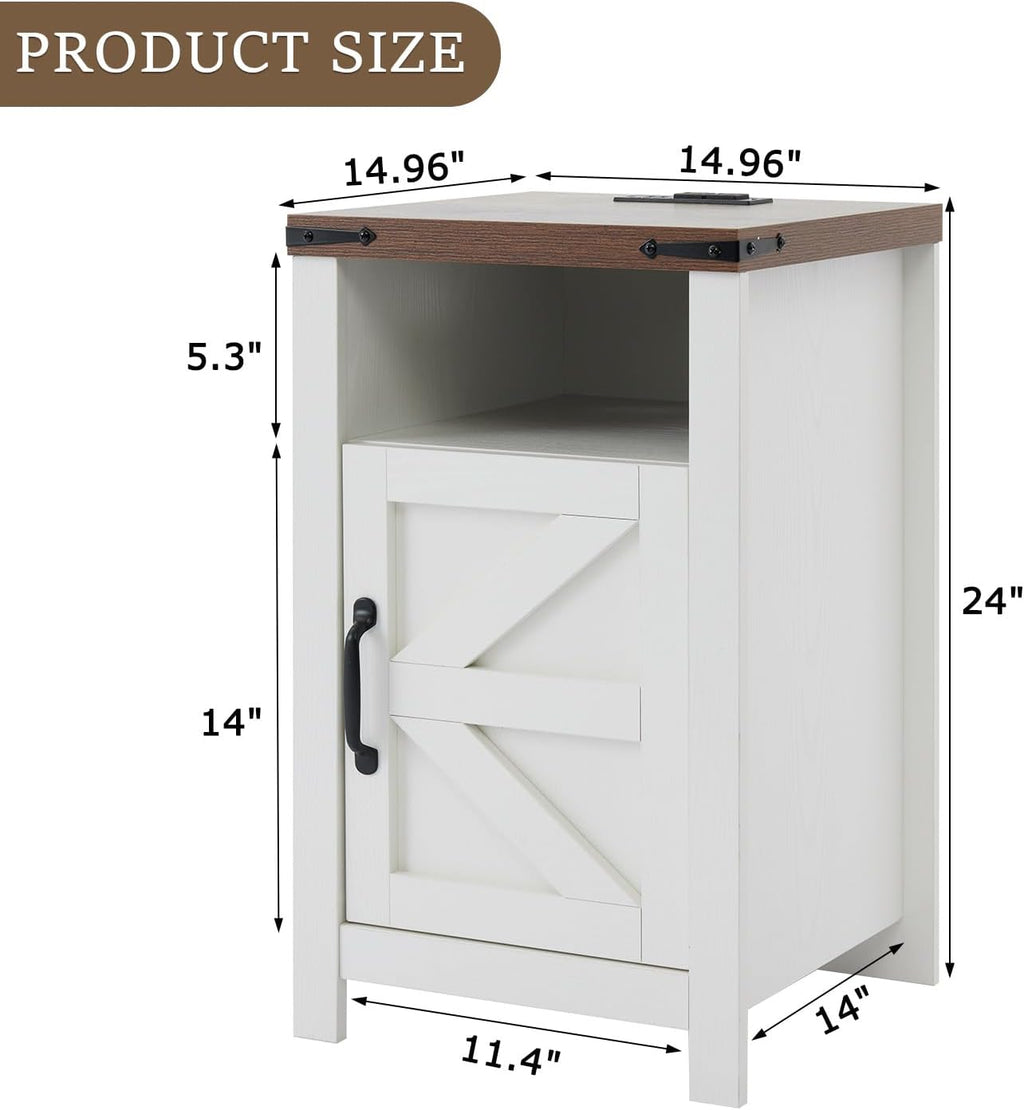 Farmhouse Nightstand Set of 2 with Charging Station, Modern Bedside Table with Barn Door and Shelf, Sofa Side Table End Table for Bedroom, Living Room, White