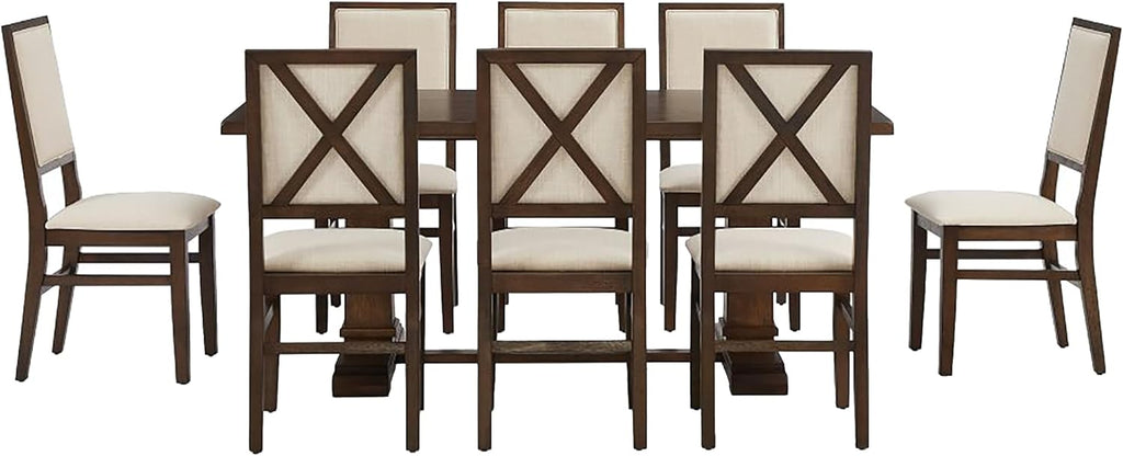 Crosley Furniture Joanna 9-Piece Modern Farmhouse Dining Table Set for 8 with Upholstered Chairs, Dark Oak/Creme