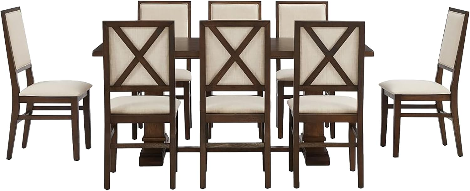 Crosley Furniture Joanna 9-Piece Modern Farmhouse Dining Table Set for 8 with Upholstered Chairs, Dark Oak/Creme