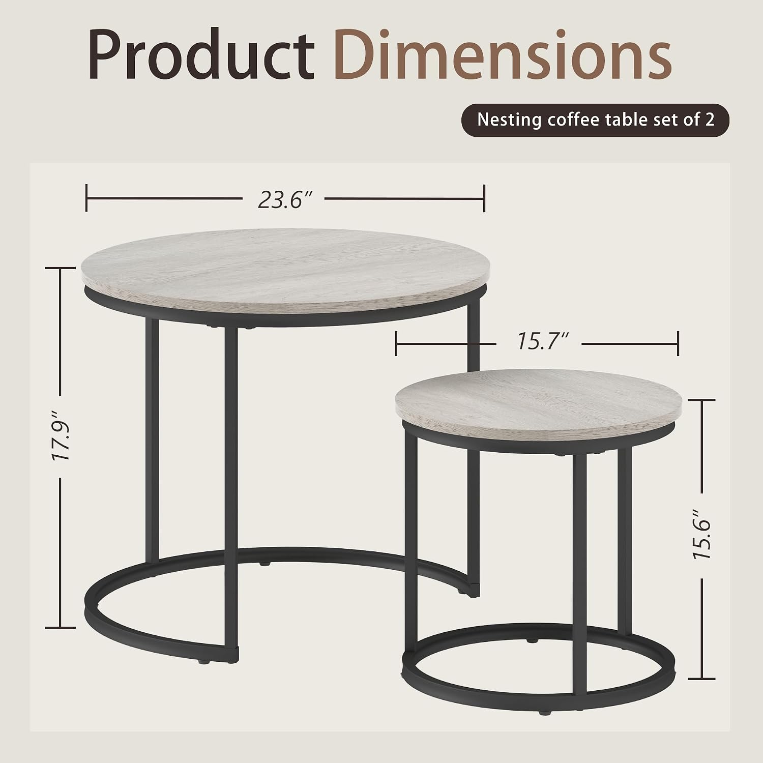 Otterease Nesting Tables Set of 2, Small Round Coffee Table for Living Room | Nesting Coffee Table with Adjustable Non-Slip Feet, Wood Grain Top Nesting Table for Living Room, Bedroom (Wood Grain Grey)