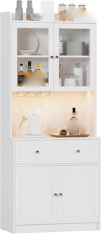 Kitchen Pantry Storage Cabinet 75.2” Tall, Modern Microwave Stand with Charging Station and LED Lights, Wood Buffet Sideboard with 1 Drawer Glass Doors Adjustable Shelves for Dining Room
