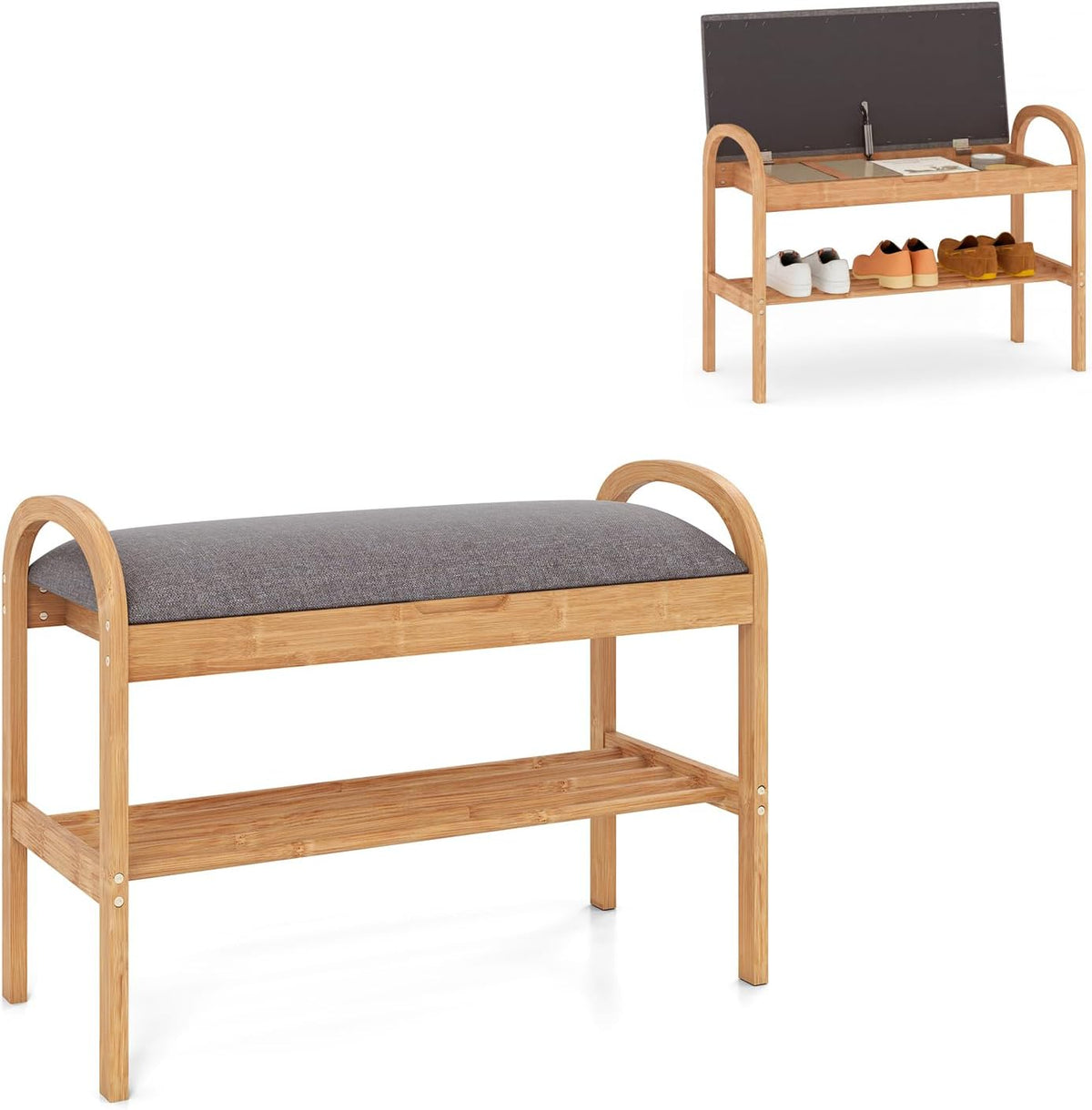 Giantex Shoe Bench with Flip-Top Storage, Bamboo 2-Tier Entryway Bench with Padded Cushion, Shoe Rack Bench for Hallway, Closet, Foyer, Living Room, Bedroom, Mudroom (with Flip-Top Storage)