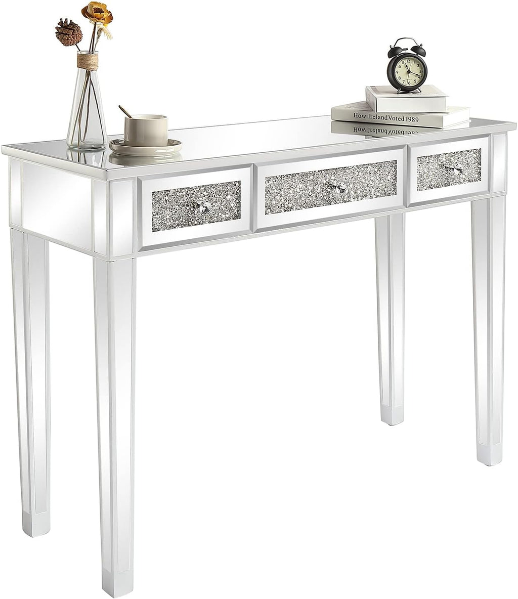 VINGLI Silver Mirrored Vanity Desk, Makeup Vanity Desk, Glass Desk with 3 Drawers, Glass Vanity for Women Girls Bedroom, Makeup Room & Office Writing Desk