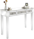 VINGLI Silver Mirrored Vanity Desk, Makeup Vanity Desk, Glass Desk with 3 Drawers, Glass Vanity for Women Girls Bedroom, Makeup Room & Office Writing Desk