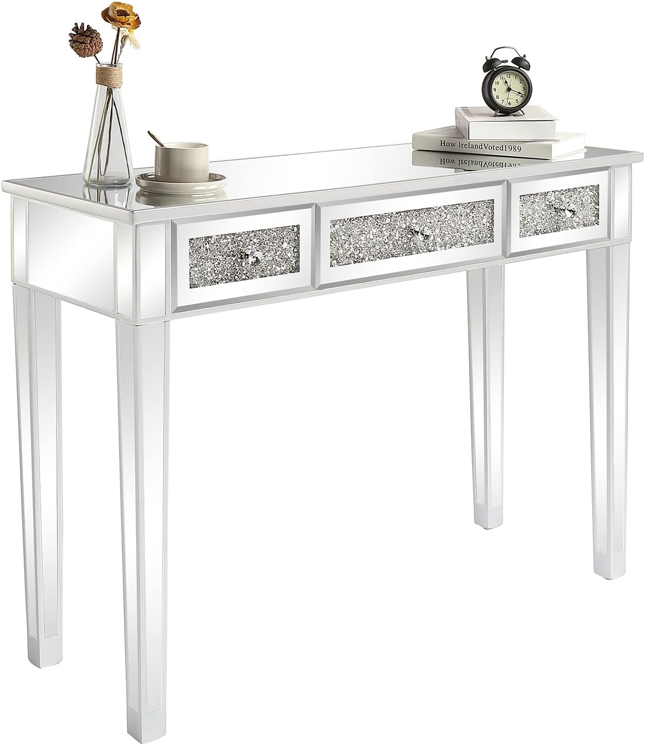 VINGLI Silver Mirrored Vanity Desk, Makeup Vanity Desk, Glass Desk with 3 Drawers, Glass Vanity for Women Girls Bedroom, Makeup Room & Office Writing Desk