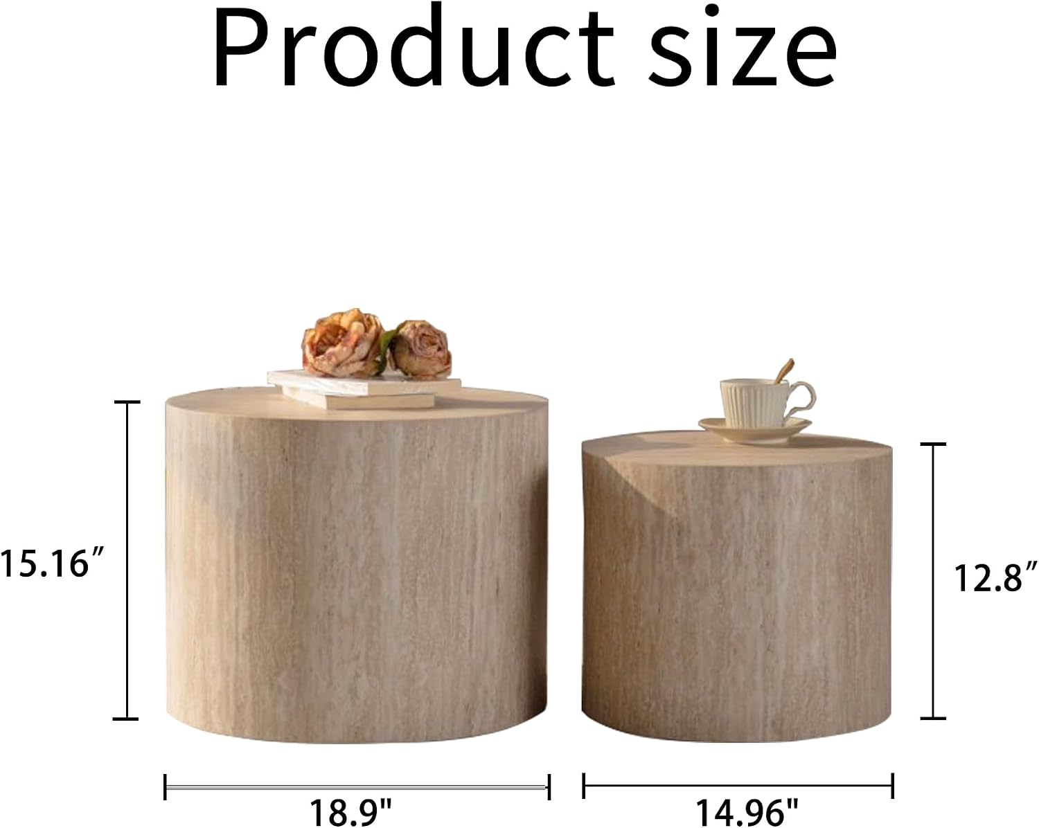 Retro Nesting Coffee Table Set of 2, 33.86" Round Wood Coffee Tables, Circle Modern Accent End Side Table for Small Space Living Room