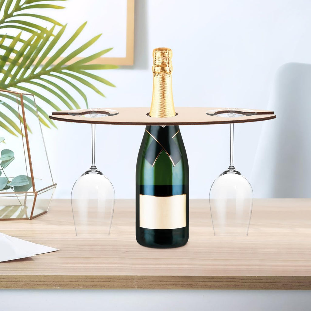 Cabilock Wooden Wine Rack with Glass Holder Compact Wine Display Stand for Home Kitchen Bar Office 8.66X2.75X0.19 Inch