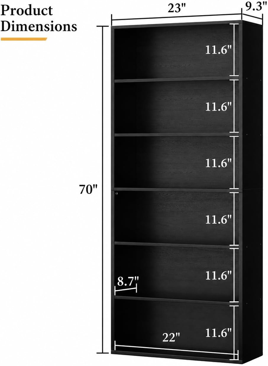 6-Tier Bookshelf, Modern Open Bookcase,6 Shelf Display Storage Shelves Floor Standing, 71 inches Tall Shelves for Home Office, Black