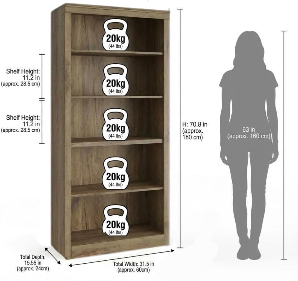 GarveeHome 71 in Tall Bookcase,Wooden Bookshelf with 5 Tiers, Modern Book Shelf in Swedish Oak, Floor Standing Display Shelves for Bedroom, Living Room and Office for Home