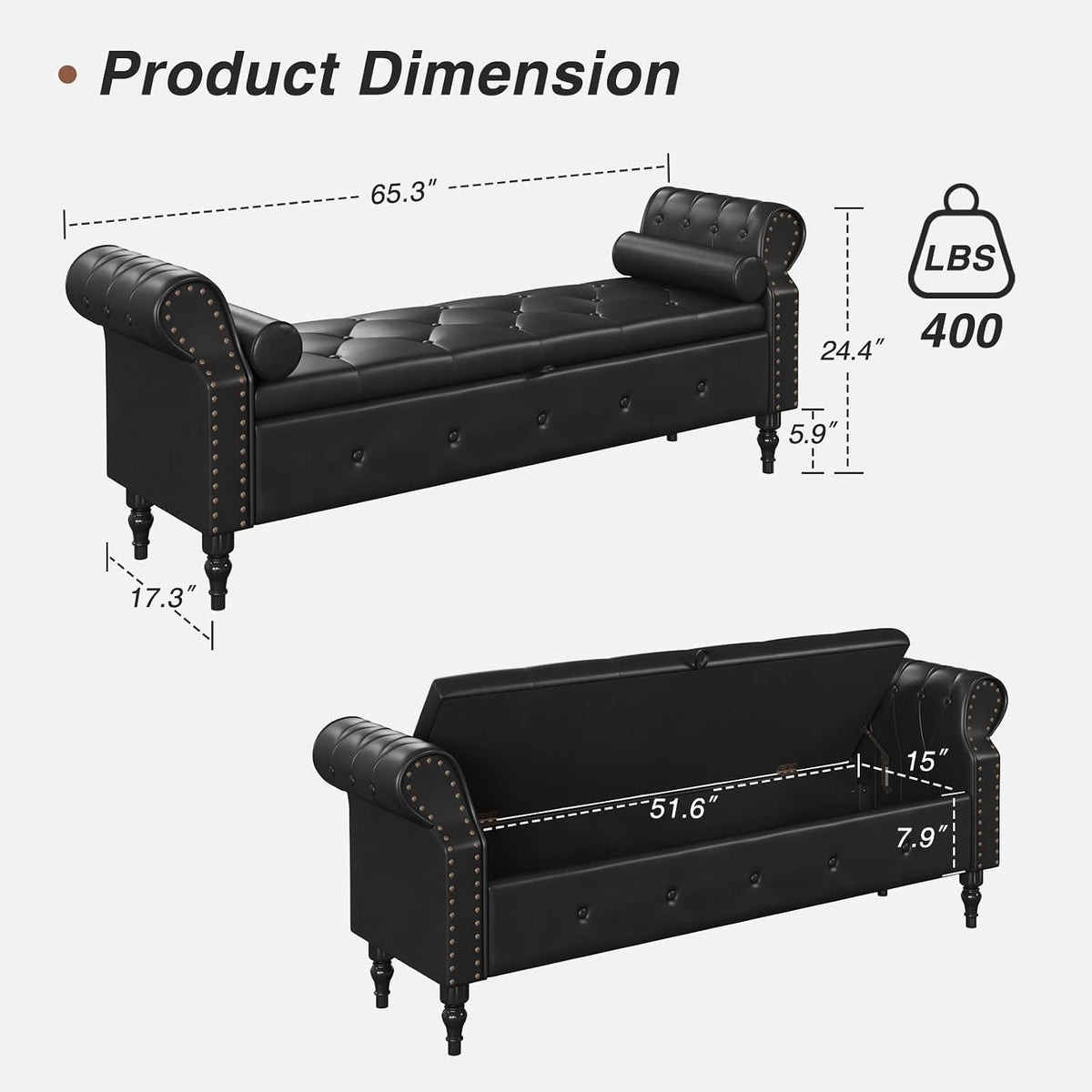 FiveWillowise 65" End of Bed Bench with Storage Ottoman,Black | Faux Leather Upholstered Storage Bench with Rolled Arms and Nailhead Trim for King Size Bed,Bedroom,Entryway,Living room