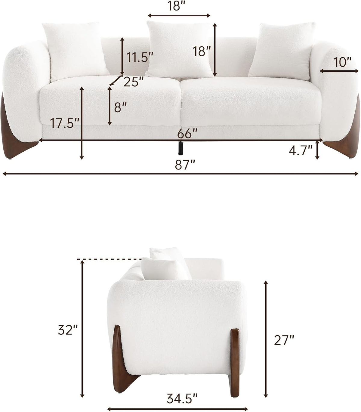 Morden Fort Modern Cloud Couch - 3 Seater Sherpa Boucle Sofa with Wood Legs, Ultra-Thick High Resilience Cushion with 3 Matching Pillows Upholstered Comfy Couch Sofa for Living Room - Off White 87''