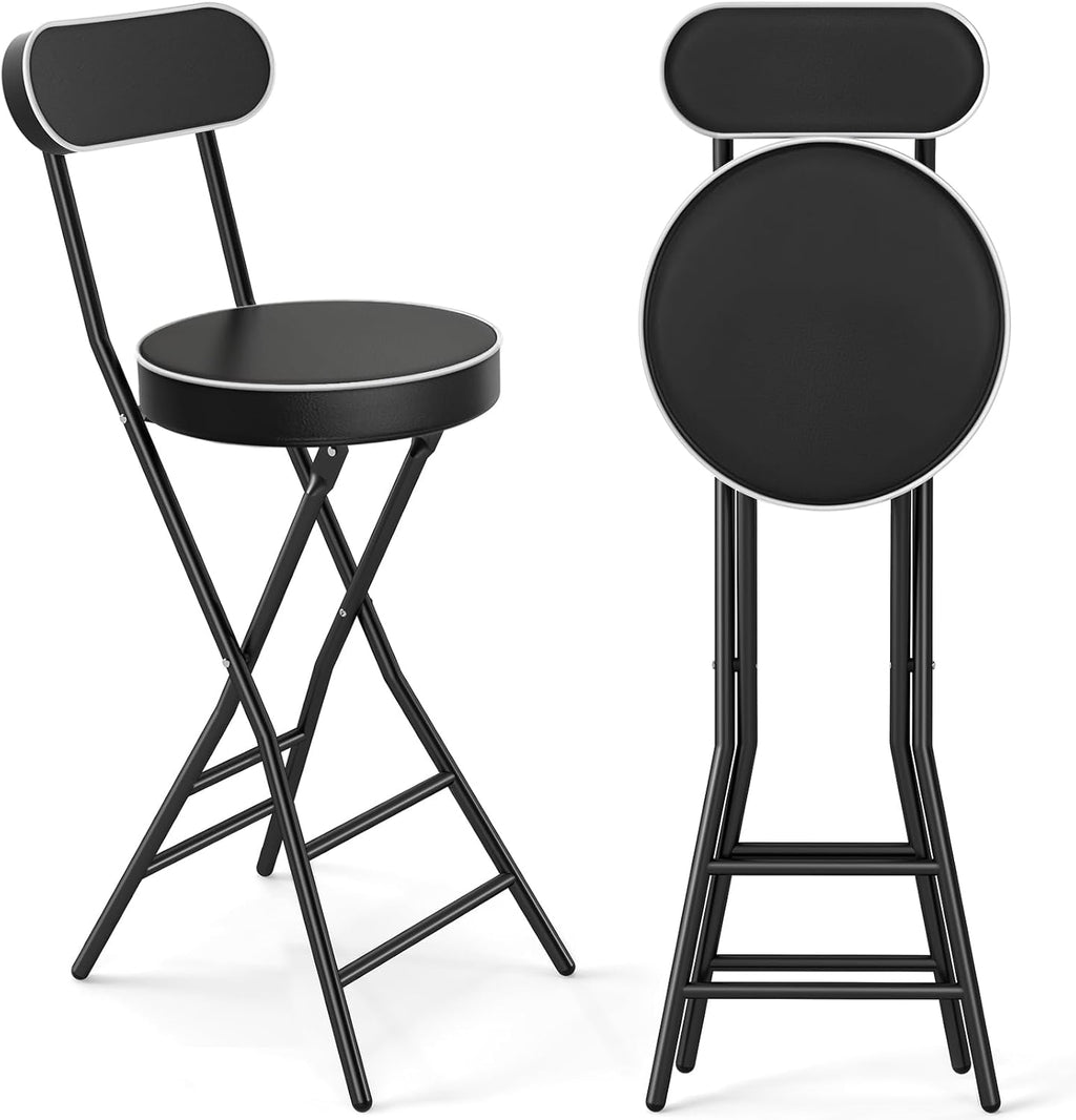 TAVR Folding Chair, Tall Folding Bar Chair with Backrest & Safety Lock, Portable PU Leather Counter Chair for Kitchen, Balcony, Camping, Fishing & Indoor Outdoor Use