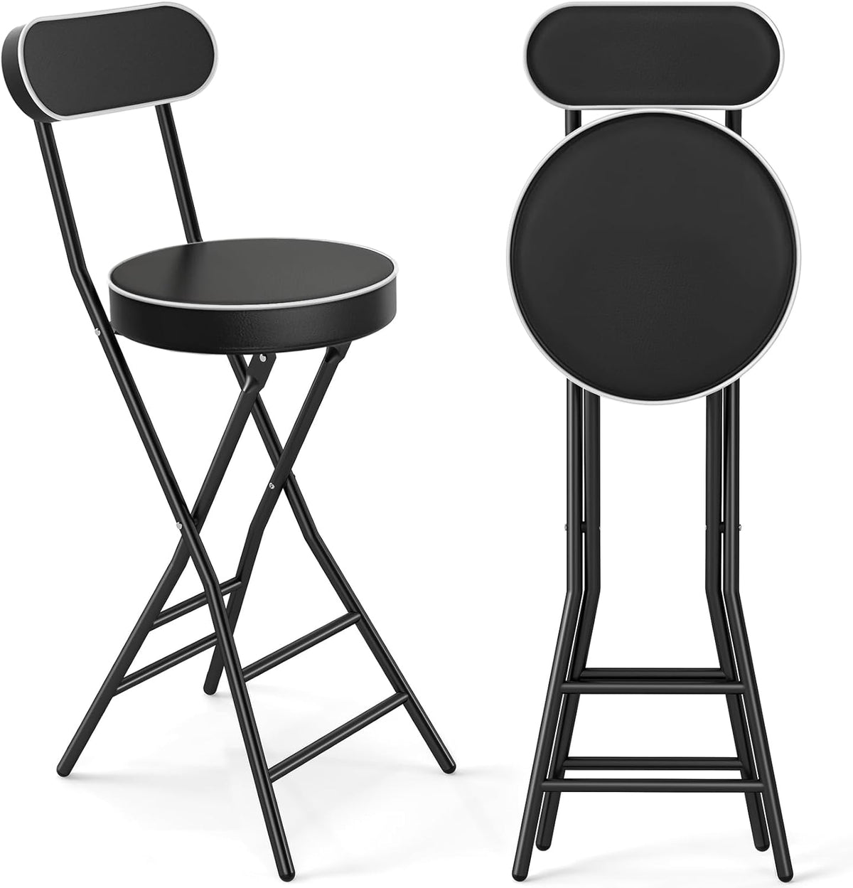 TAVR Folding Chair, Tall Folding Bar Chair with Backrest & Safety Lock, Portable PU Leather Counter Chair for Kitchen, Balcony, Camping, Fishing & Indoor Outdoor Use