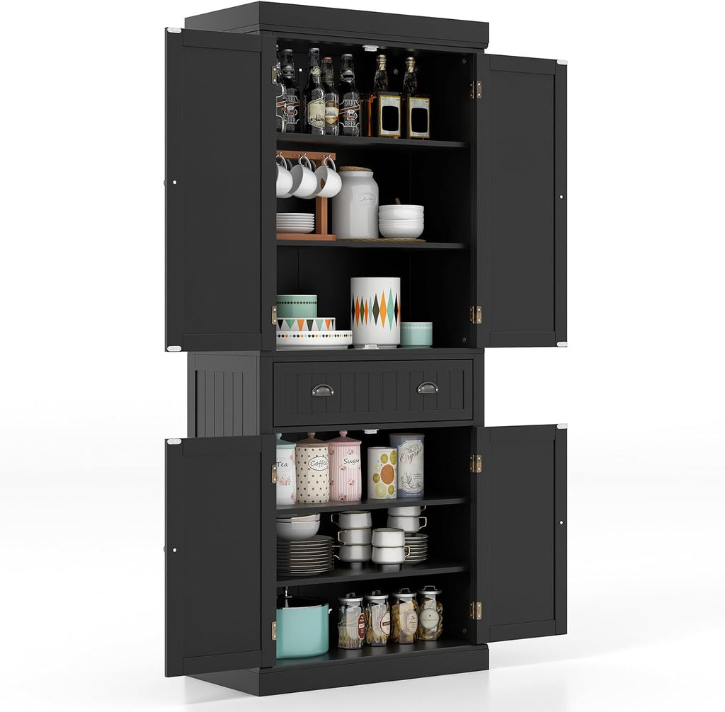 Giantex Pantry Organizers and Storage, 72" Tall Kitchen Cabinet with 2-Door Cabinets & Drawer, Buffet Sideboard w/Adjustable Shelves, Wooden Freestanding Cupboard for Dining Room Living Room (Black)