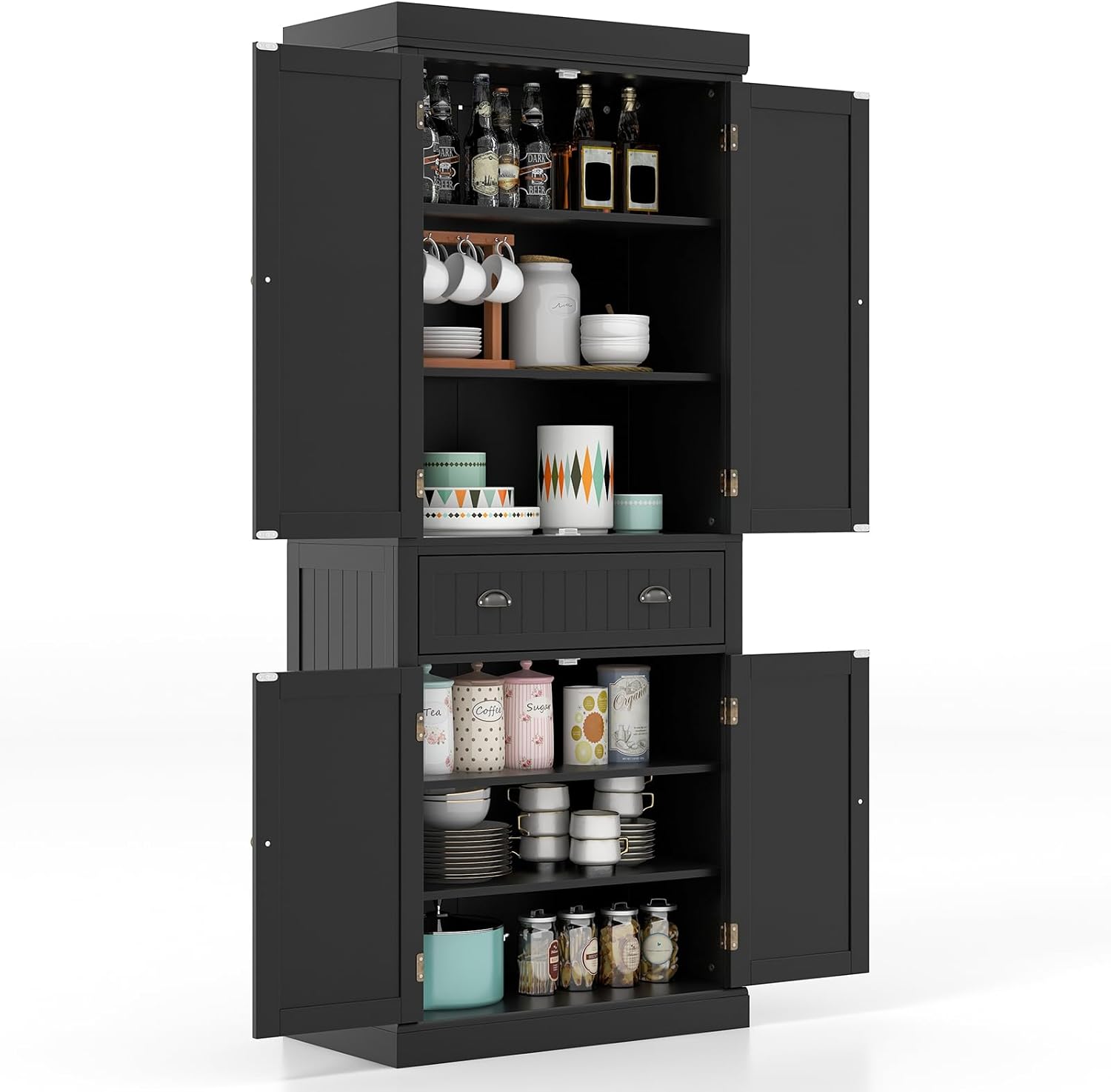 Giantex Pantry Organizers and Storage, 72" Tall Kitchen Cabinet with 2-Door Cabinets & Drawer, Buffet Sideboard w/Adjustable Shelves, Wooden Freestanding Cupboard for Dining Room Living Room (Black)