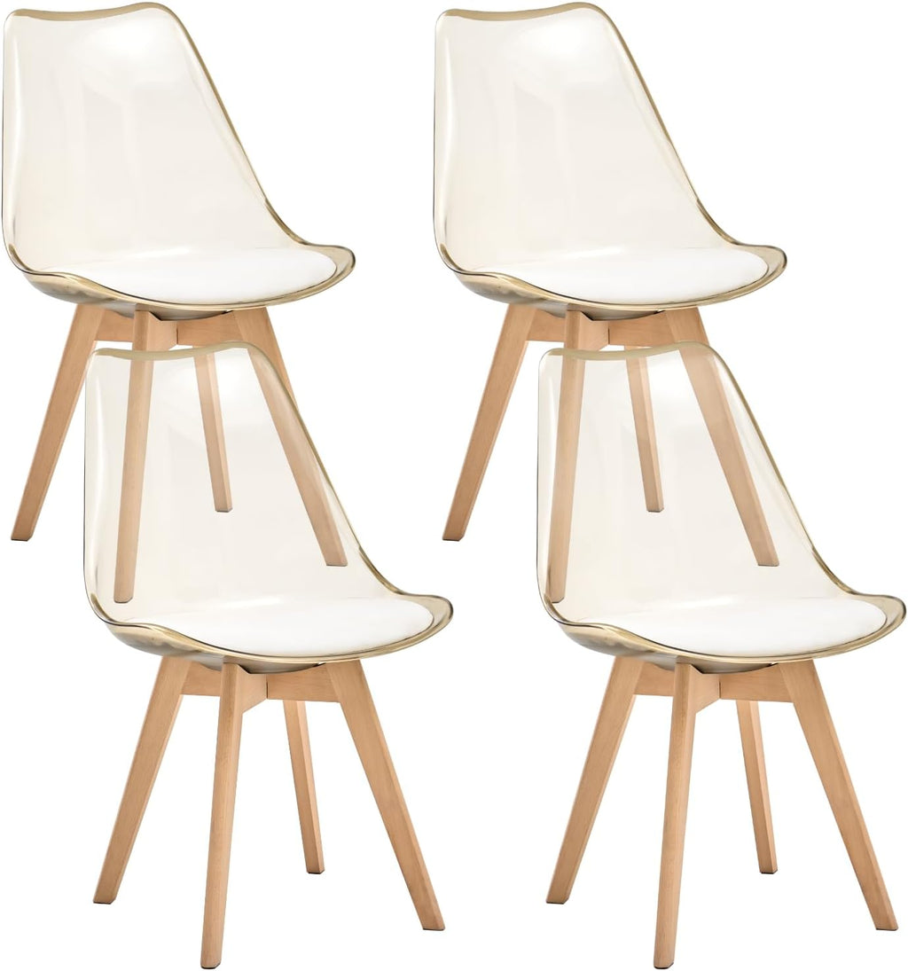 Dining Chairs Set of 4, Acrylic Mid Century Chairs, Light Brown | Clear Acrylic Backrest With Soft Padded Seat, Sturdy Wooden Legs. Ideal For Kitchen And Living Room