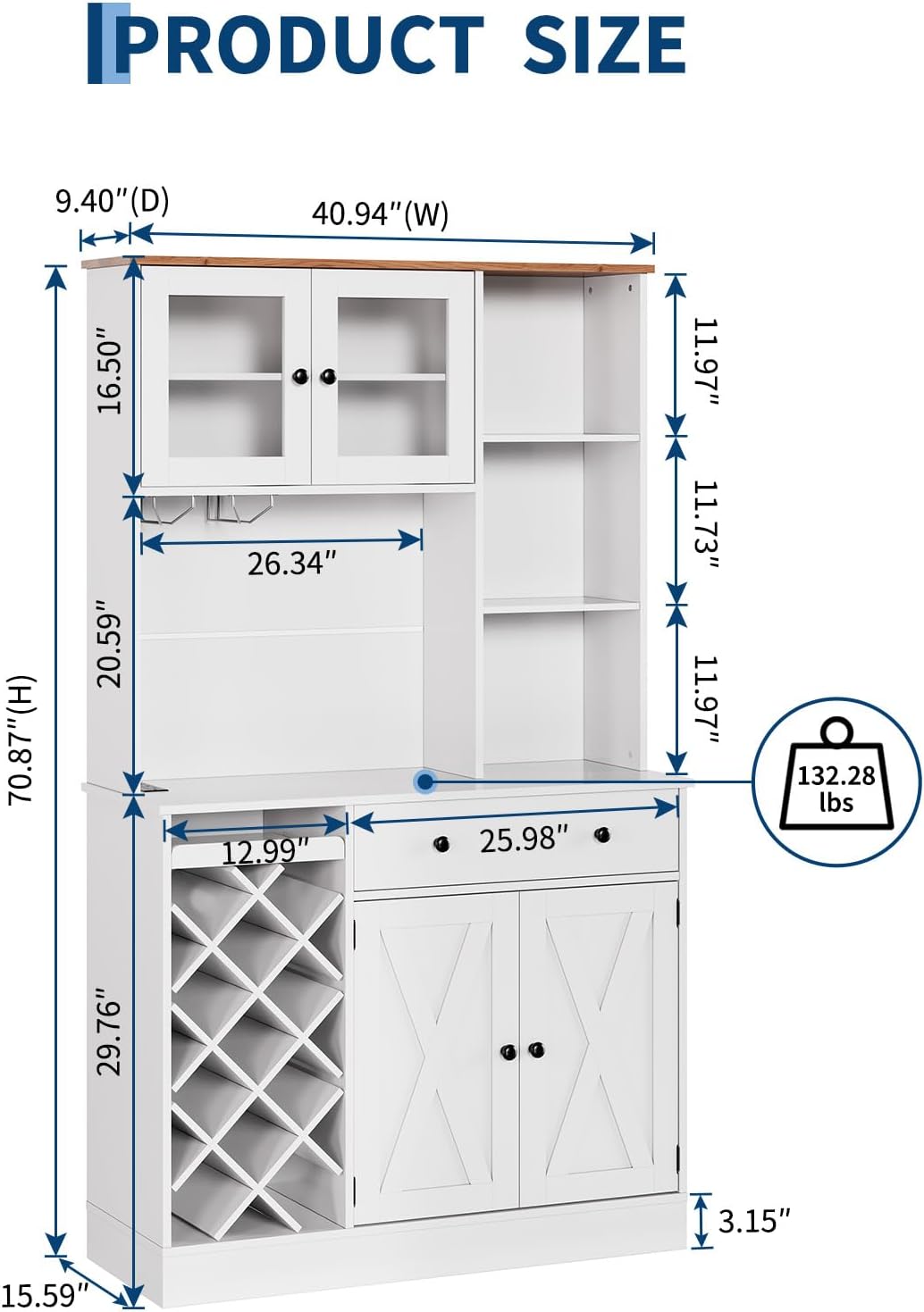 72'' Tall Kitchen Pantry Cabinet with Built-in Power Outlet, Farmhouse Sliding Barn Door Sideboard Buffet, Wine Bottle Rack & Adjustable Shelves, Modern Storage Cabinet for Kitchen Dining Room Home Ba