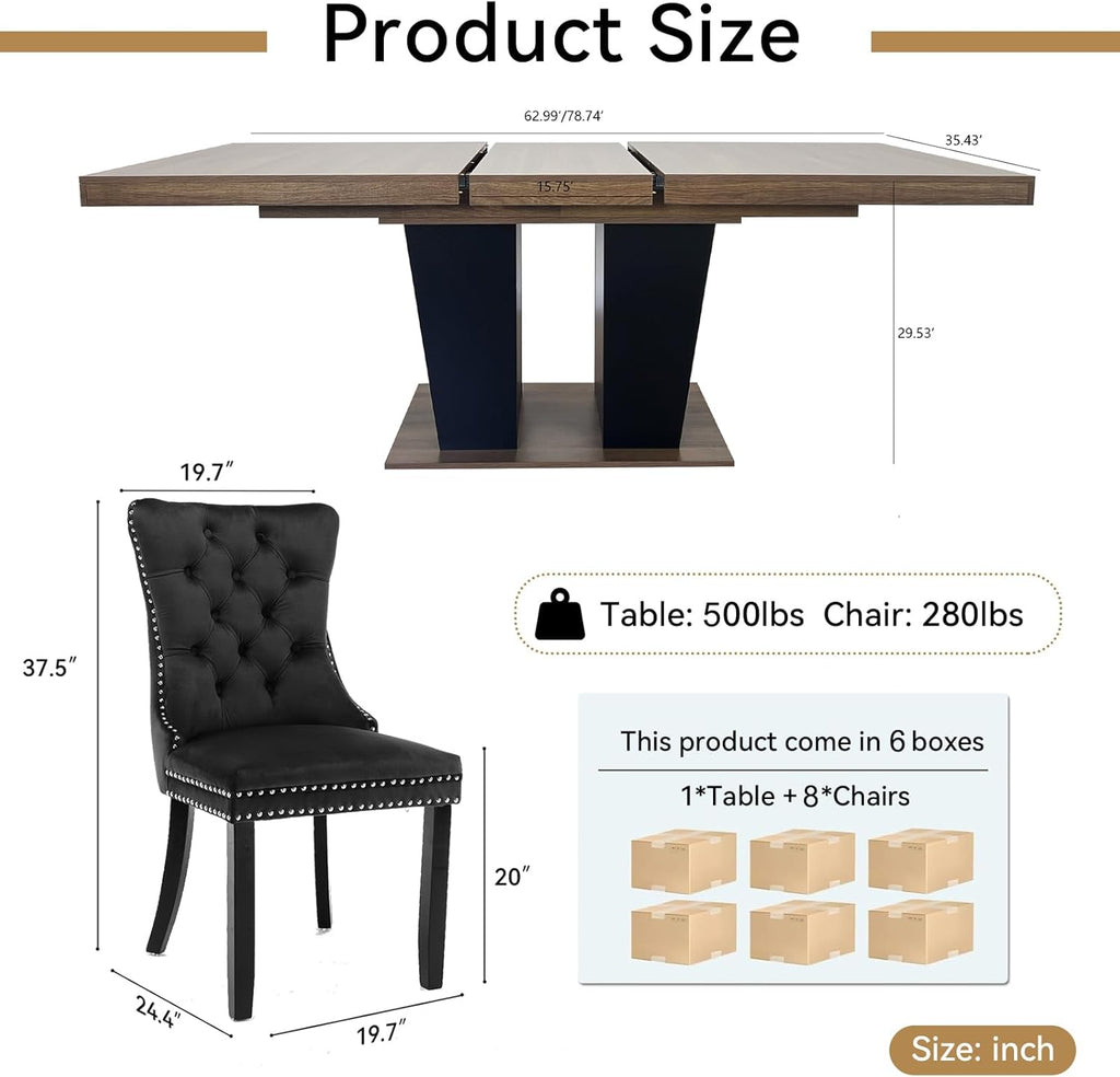 Rustic 9 Piece Dining Table Set, 62.99"-78.74" Extendable Dining Table & 8 Black Velvet Dining Chairs with Wood Leg, Brown Expandable Dining Room Table and Chairs Set