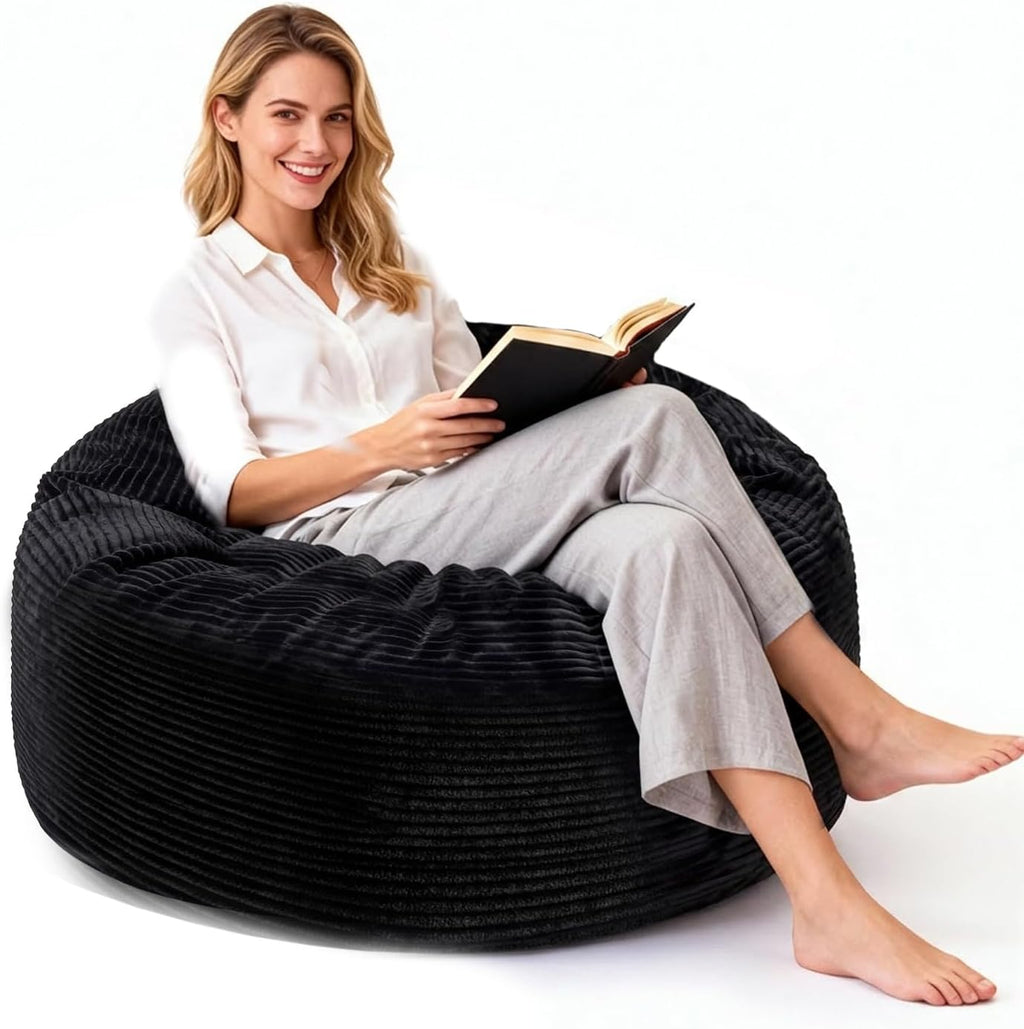 Bean Bag Chairs for Teens, 3FT Bean Bag with Memory Foam Filling, Bean Bag Chairs with Plush Microfiber Removable Cover, Cozy Sofa for Reading, Gaming- Black