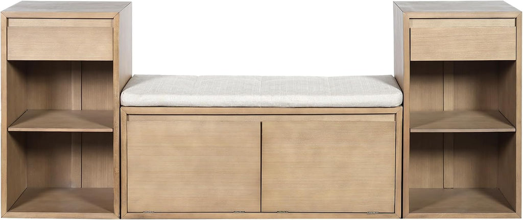 Merax Shoe Storage Bench with Cushion & Flip Compartments, All-in-One Entryway Bench with Drawers and Open Shelves, Solid Wood Storage Bench for Mudroom Hallway Living Room, Rustic Brown